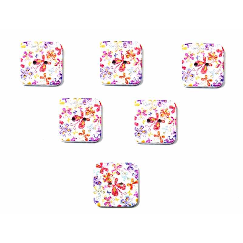 LOT 6 BOUTONS BOIS : carré motif fleur 15mm (44) 