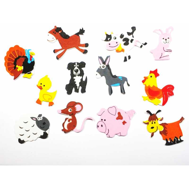 LOT 12 STICKERS MOUSSE AUTOCOLLANT motif animaux de la ferme taille 4 à 6cm 