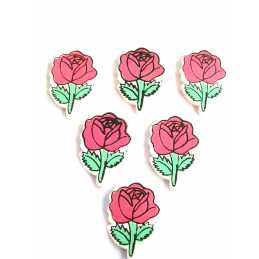 LOT 6 APPLIQUES BOIS : rose couleur rose/verte 30*20mm 