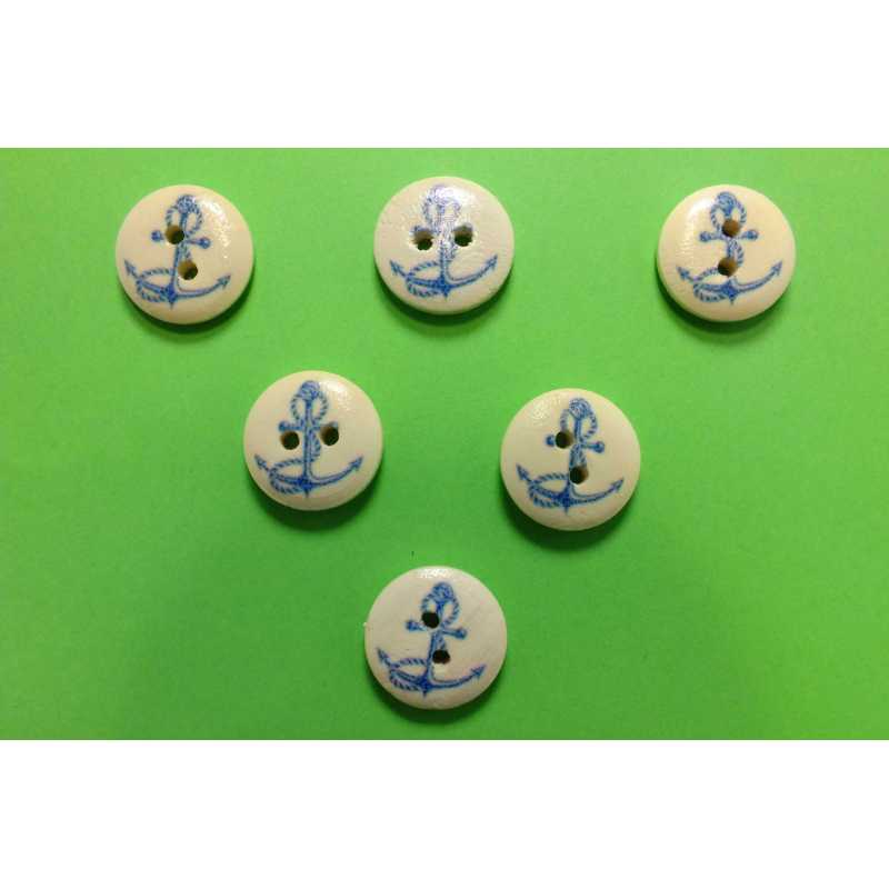 LOT 6 BOUTONS BOIS : rond thème mer motif ancre 15mm (08) 