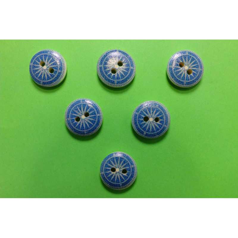 LOT 6 BOUTONS BOIS : rond thème mer motif boussole 15mm (05) 