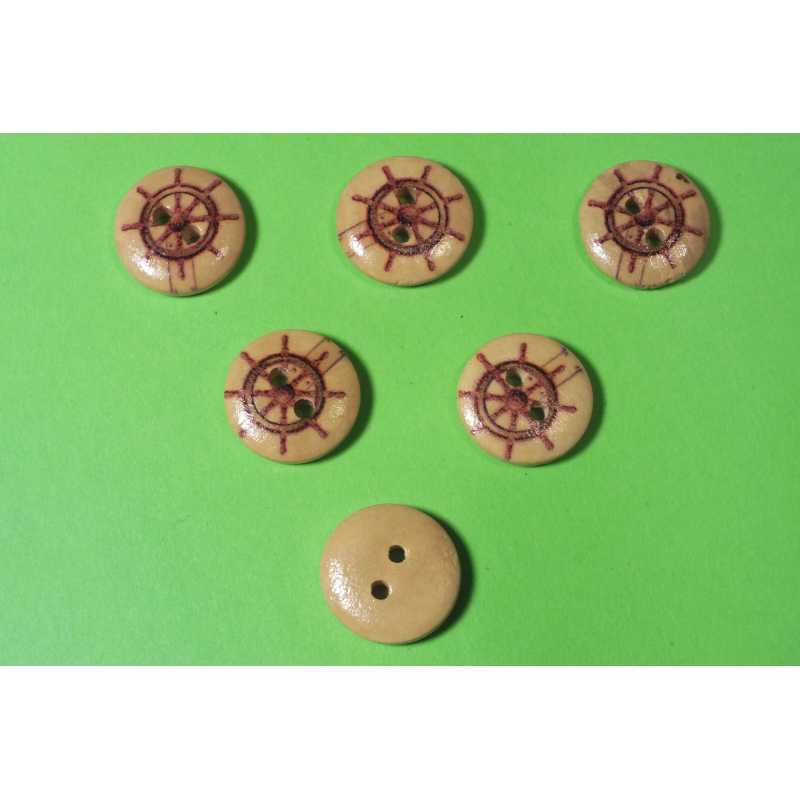 LOT 6 BOUTONS BOIS : rond thème mer motif barre 15mm (45) 