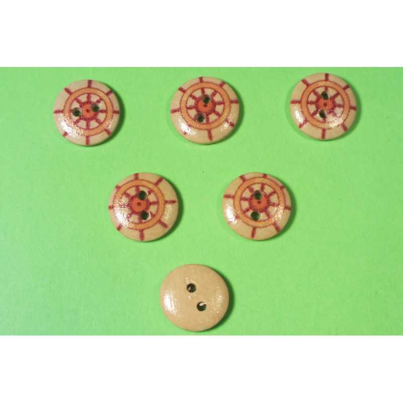 LOT 6 BOUTONS BOIS : rond thème mer motif barre 15mm (52) 