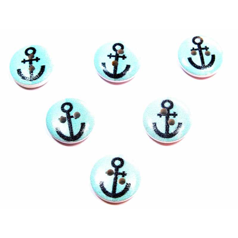 LOT 6 BOUTONS BOIS : rond thème mer motif ancre 15mm (62) 