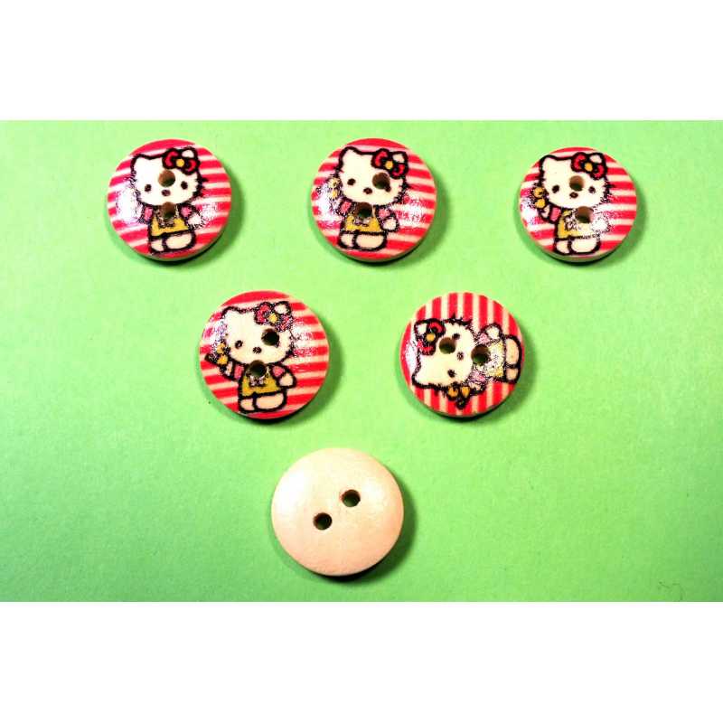 LOT 6 BOUTONS BOIS : rond motif chat 15mm (04) 