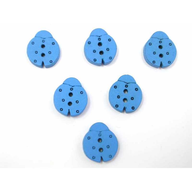 LOT 6 BOUTONS BOIS : coccinelle bleu 16*14mm  