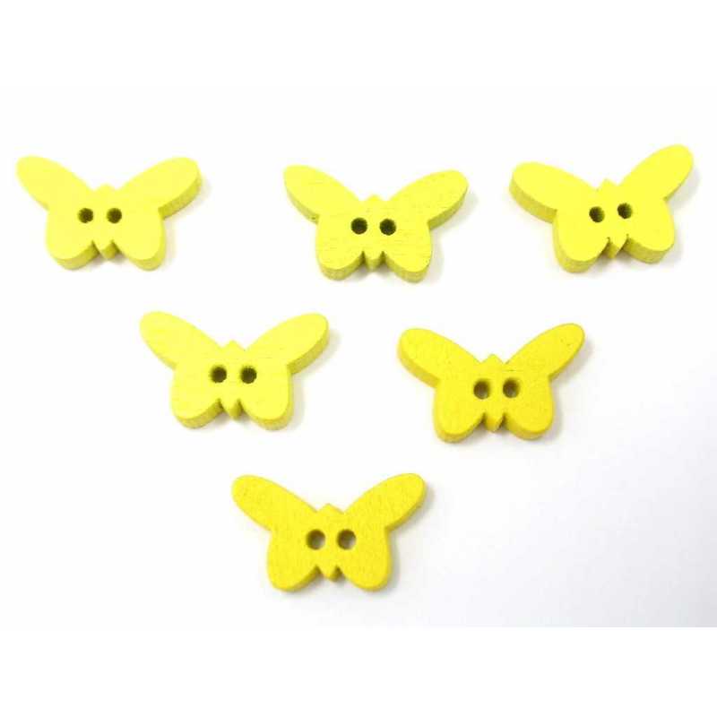  LOT 6 BOUTONS BOIS : papillon jaune 17mm 