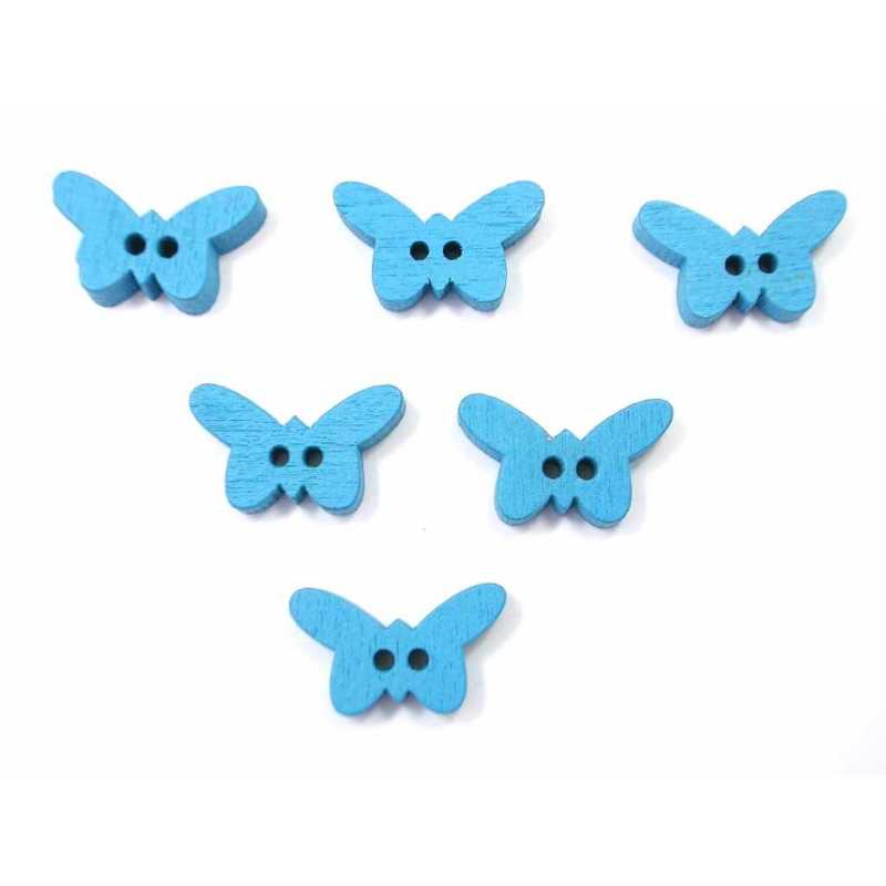  LOT 6 BOUTONS BOIS : papillon bleu 17mm 