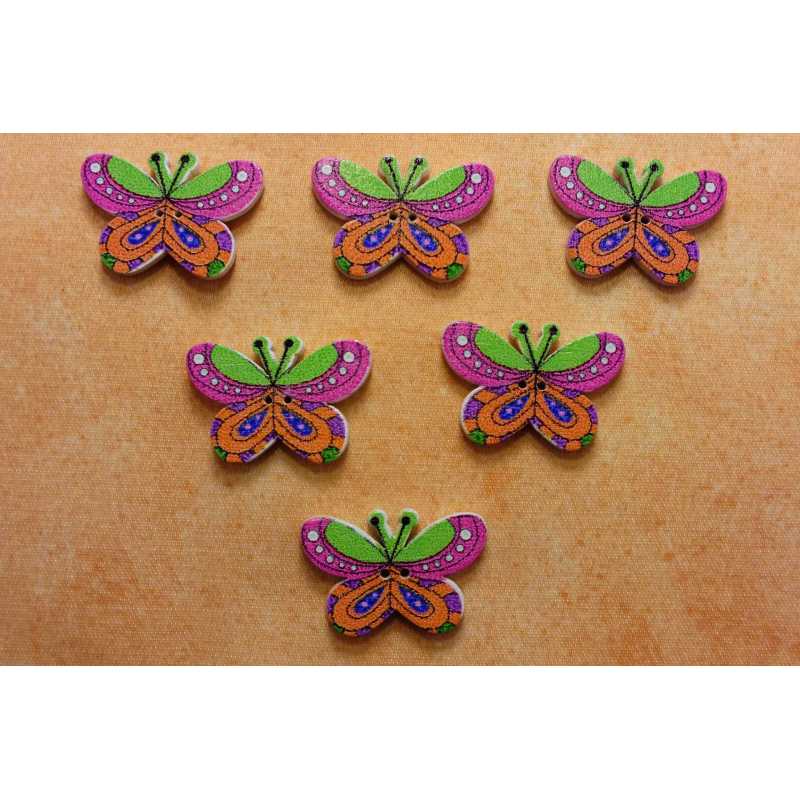  LOT 6 BOUTONS BOIS : papillon mauve/orange/vert  24*17mm 