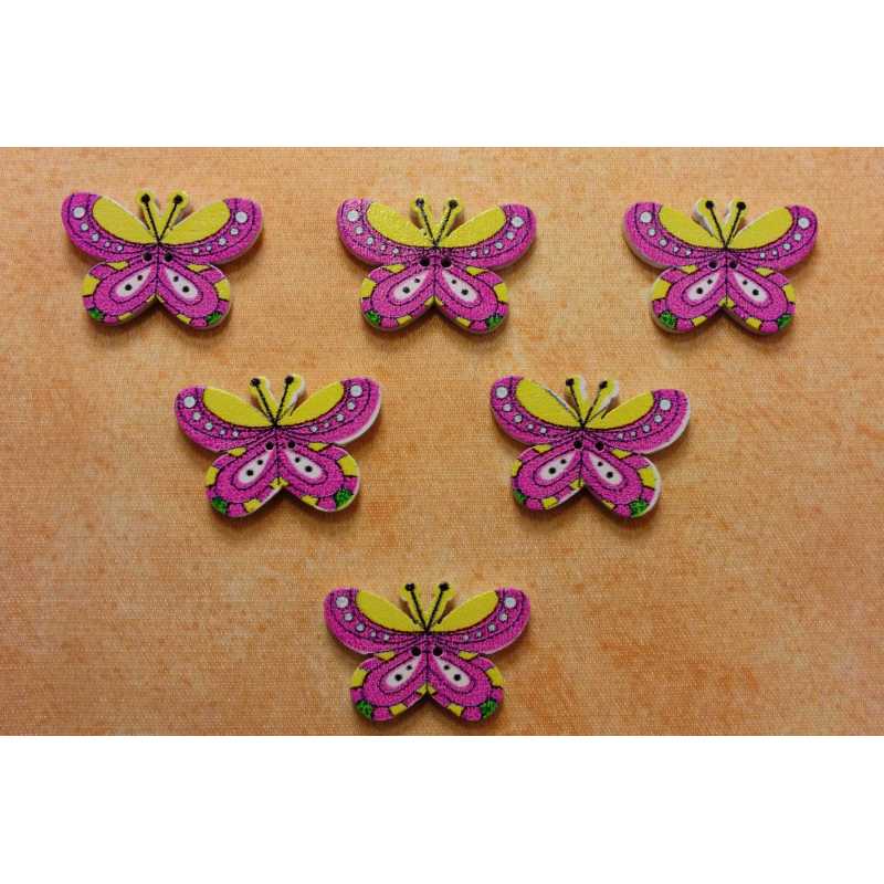  LOT 6 BOUTONS BOIS : papillon mauve/jaune  24*17mm 