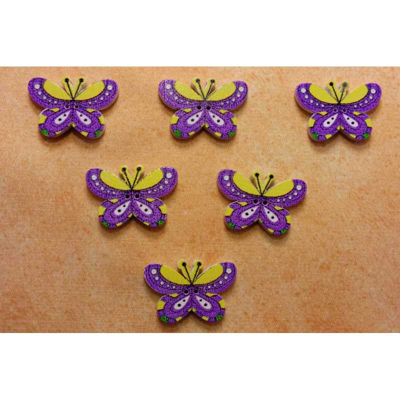  LOT 6 BOUTONS BOIS : papillon violet/jaune  24*17mm 