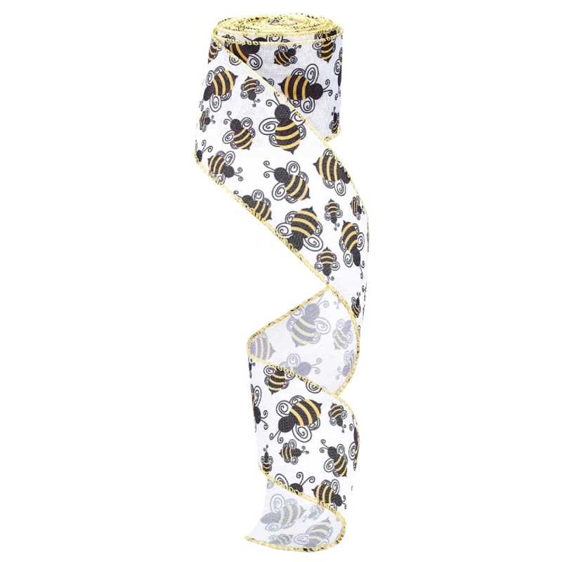 RUBAN POUR FLEURISTE : blanc motif abeille largeur 60mm - longueur 100cm 