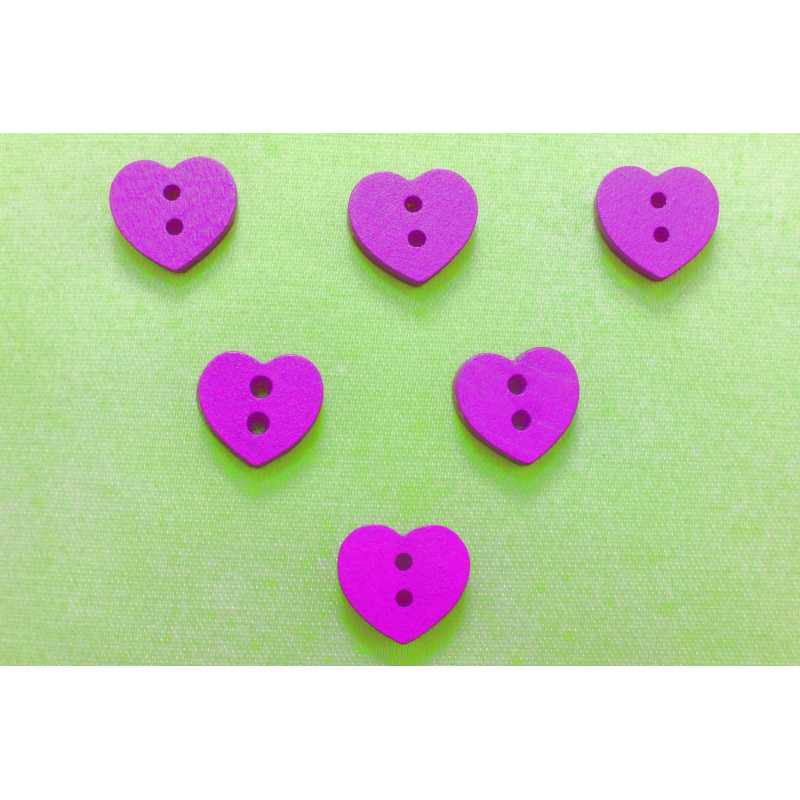 LOT 6 BOUTONS BOIS : coeur mauve 15*13mm (04) 