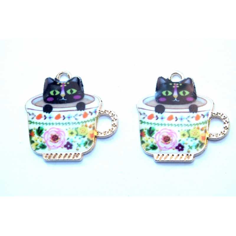 LOT 2 CHARMS/BRELOQUES  plaqué doré  : chat dans une tasse 23*21mm (01) 