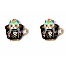 LOT 2 CHARMS/BRELOQUES  plaqué doré  : chat dans une tasse 23*21mm (03) 