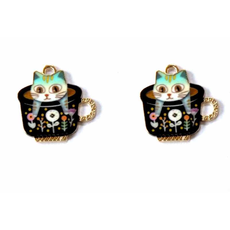 LOT 2 CHARMS/BRELOQUES  plaqué doré  : chat dans une tasse 23*21mm (03) 