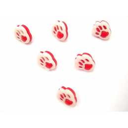 LOT 6 BOUTONS ACRYLIQUES : patte de chien rouge/blanc 13*12mm (01) 