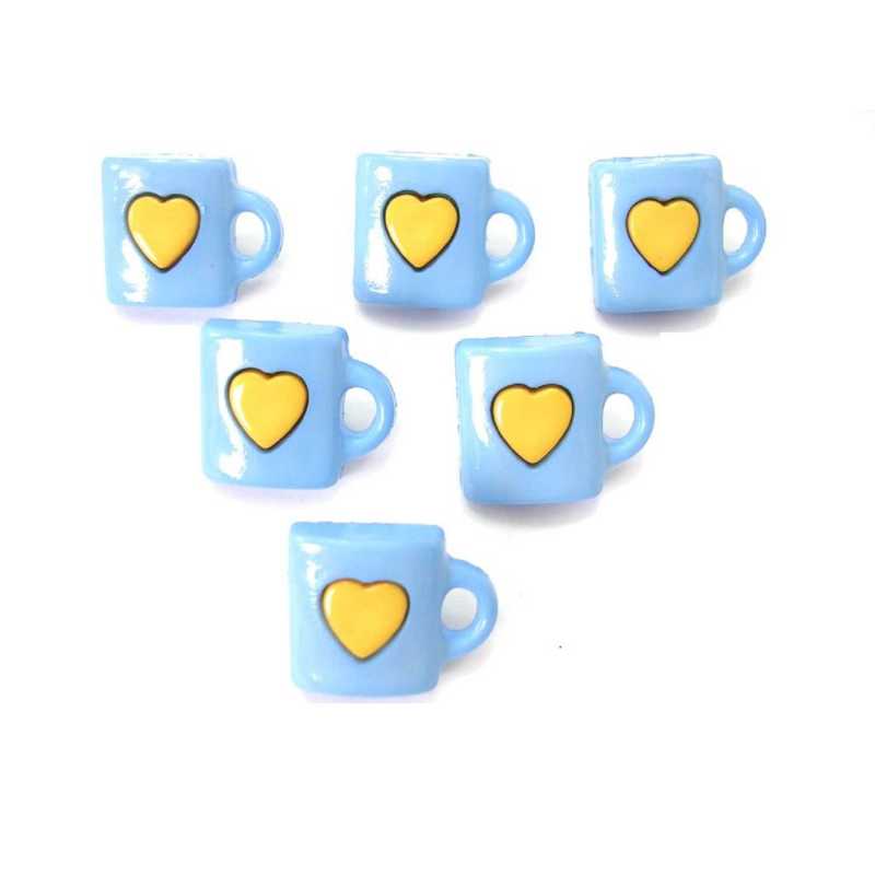 LOT 6 BOUTONS ACRYLIQUES : tasse bleu + coeur jaune 15*13mm 