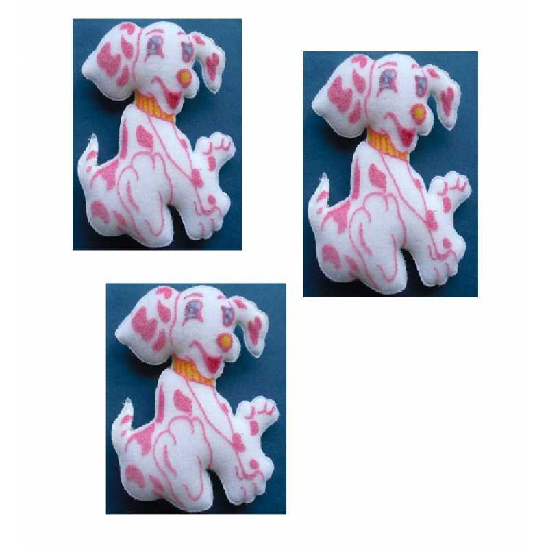 LOT 3 APPLIQUES TISSUS :chien Dalmatien rose/blanc 6*5cm 