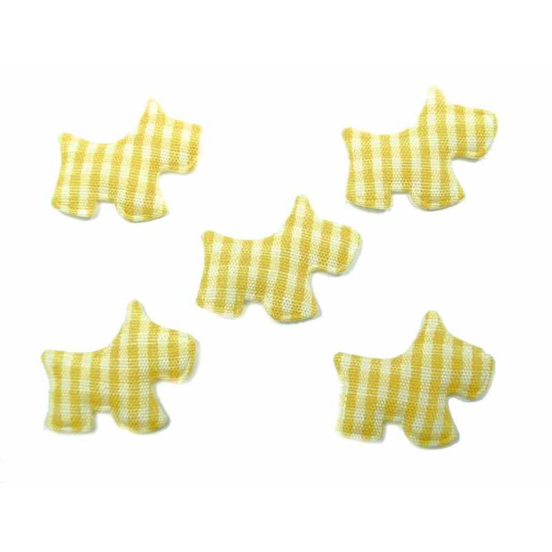 LOT 6 APPLIQUES TISSUS  : scottie vichy jaune/blanc 2.5*2cm 