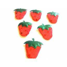 LOT 6 APPLIQUES TISSUS : fraise brillante rouge 4*3cm 