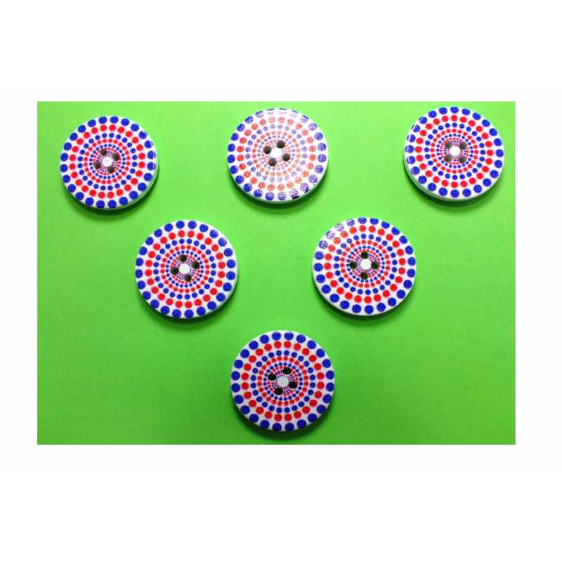 LOT 6 BOUTONS BOIS : rond motif fantaisie 30mm (13) 