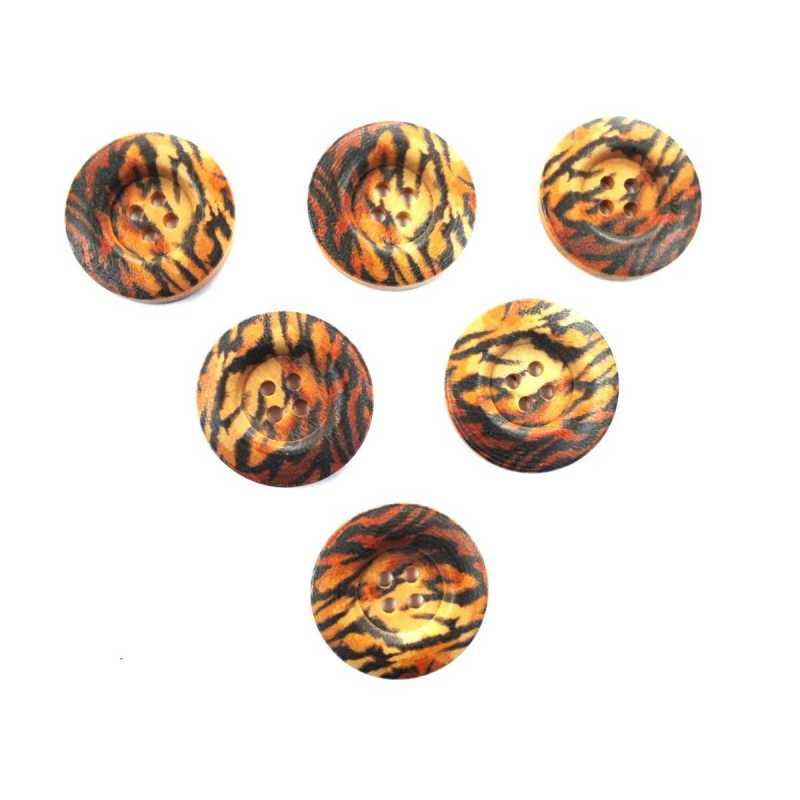 LOT 6 BOUTONS BOIS : rond motif fantaisie 30mm (02) 