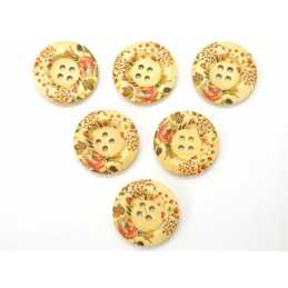 LOT 6 BOUTONS BOIS : rond motif fleur 30mm (01) 