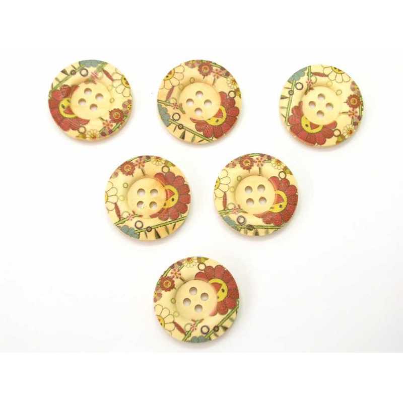 LOT 6 BOUTONS BOIS : rond motif fleur 30mm (02) 