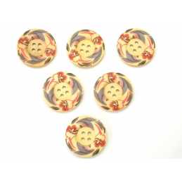 LOT 6 BOUTONS BOIS : rond motif fleur 30mm (03) 