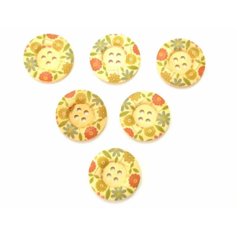 LOT 6 BOUTONS BOIS : rond motif fleur 30mm (04) 