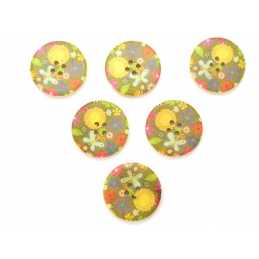 LOT 6 BOUTONS BOIS : rond motif fleur 30mm (07) 