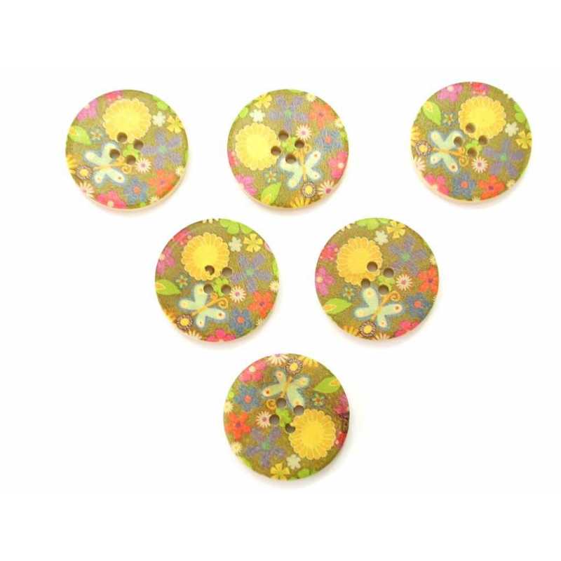 LOT 6 BOUTONS BOIS : rond motif fleur 30mm (07) 