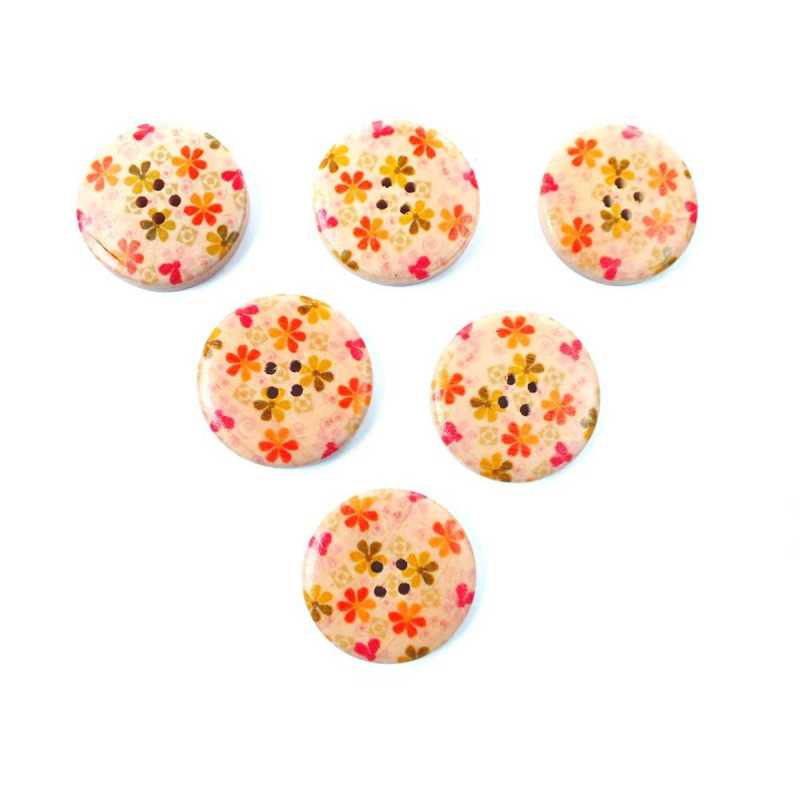 LOT 6 BOUTONS BOIS : rond motif fleur 30mm (15) 