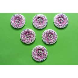 LOT 6 BOUTONS BOIS : rond motif fleur 30mm (23) 