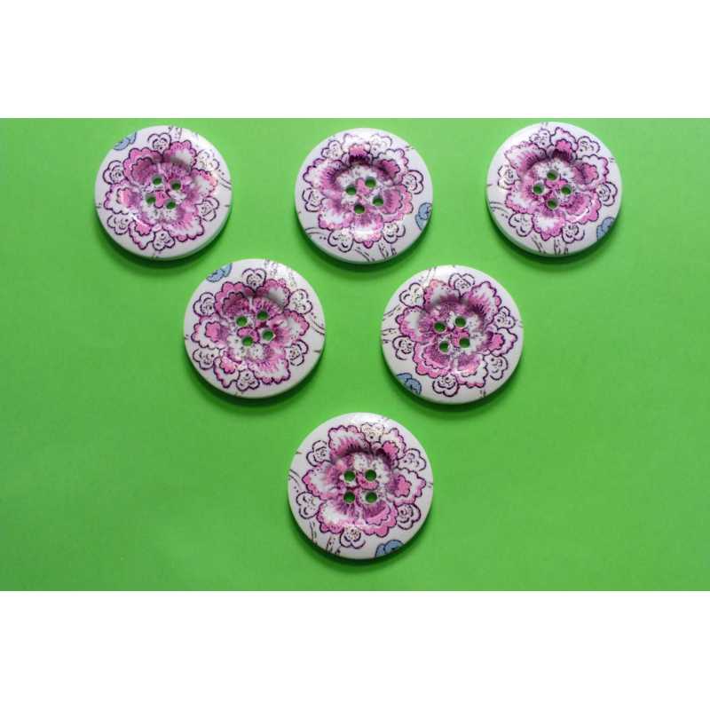 LOT 6 BOUTONS BOIS : rond motif fleur 30mm (23) 