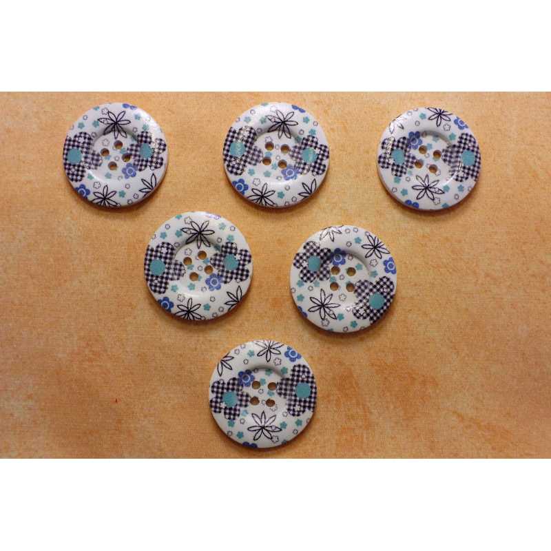 LOT 6 BOUTONS BOIS : rond motif fleur 30mm (28) 