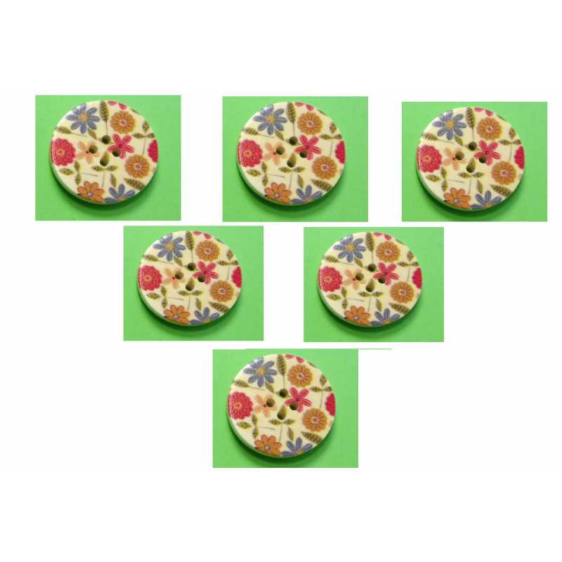 LOT 6 BOUTONS BOIS : rond motif fleur 30mm (37) 