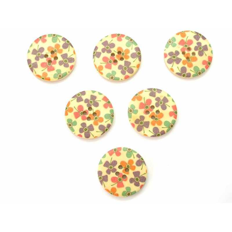 LOT 6 BOUTONS BOIS : rond motif fleur 30mm (08) 