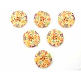 LOT 6 BOUTONS BOIS : rond motif fleur 30mm (09) 