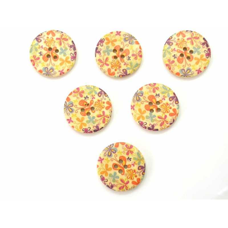 LOT 6 BOUTONS BOIS : rond motif fleur 30mm (09) 