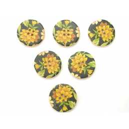 LOT 6 BOUTONS BOIS : rond motif fleur 30mm (10) 