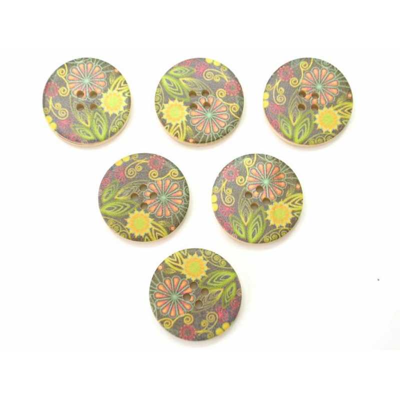 LOT 6 BOUTONS BOIS : rond motif fleur 30mm (11) 