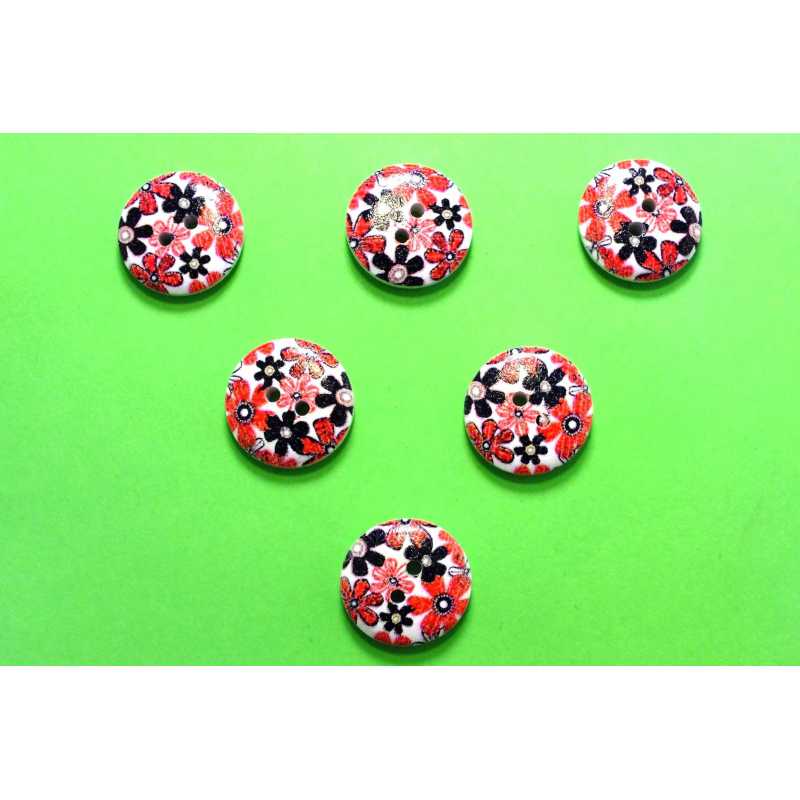 LOT 6 BOUTONS BOIS : rond motif fleur 15mm (156)
 