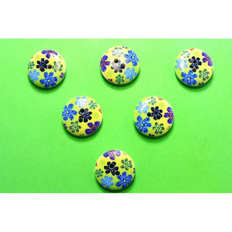 LOT 6 BOUTONS BOIS : rond motif fleur 15mm (157) 