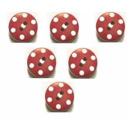 LOT 6 BOUTONS BOIS : rond rouge/blanc motif  pois 15mm (11) 