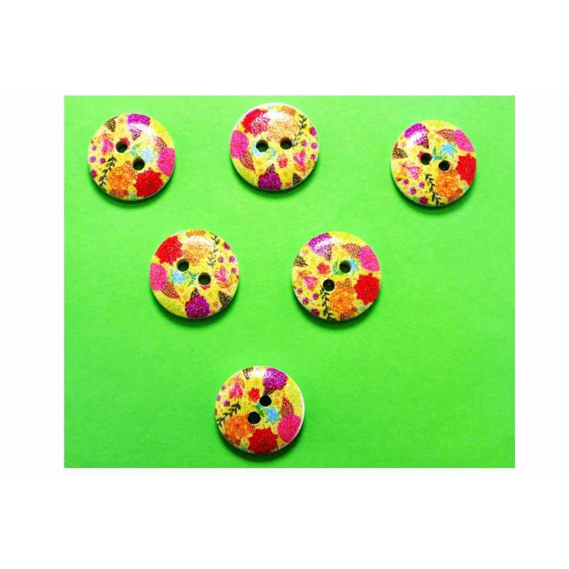 LOT 6 BOUTONS BOIS : rond motif fleur 15mm (31) 