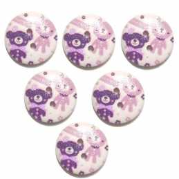 LOT 6 BOUTONS BOIS : rond motif ourson 15mm (01) 