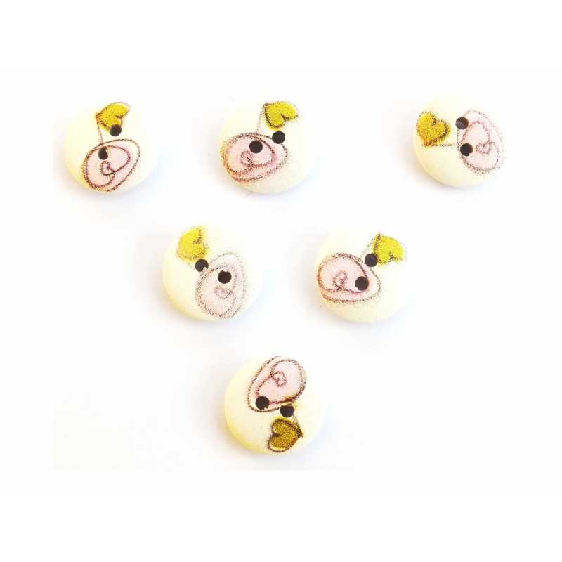 LOT 6 BOUTONS BOIS : rond motif coeur 15mm (11) 