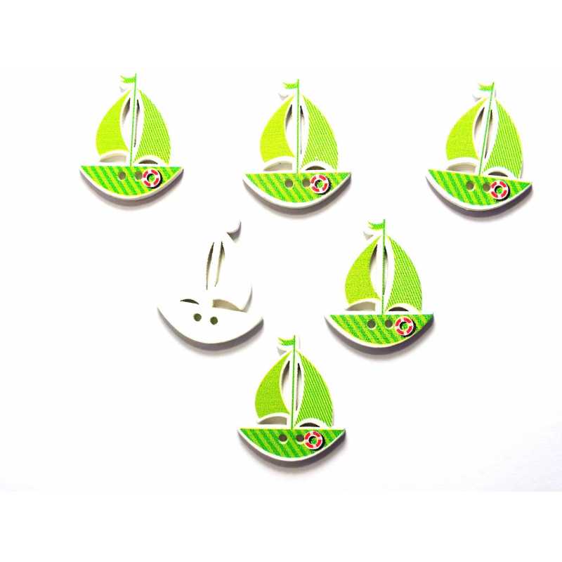 LOT 6 BOUTONS BOIS : voilier vert 30*25mm 